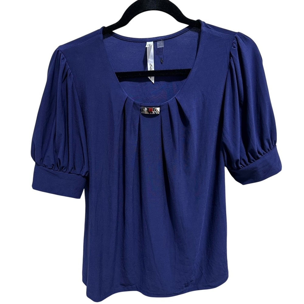NY Collection Puff Sleeve Top Women Size M Navy‎ Blue Square Neck Blouse NEW